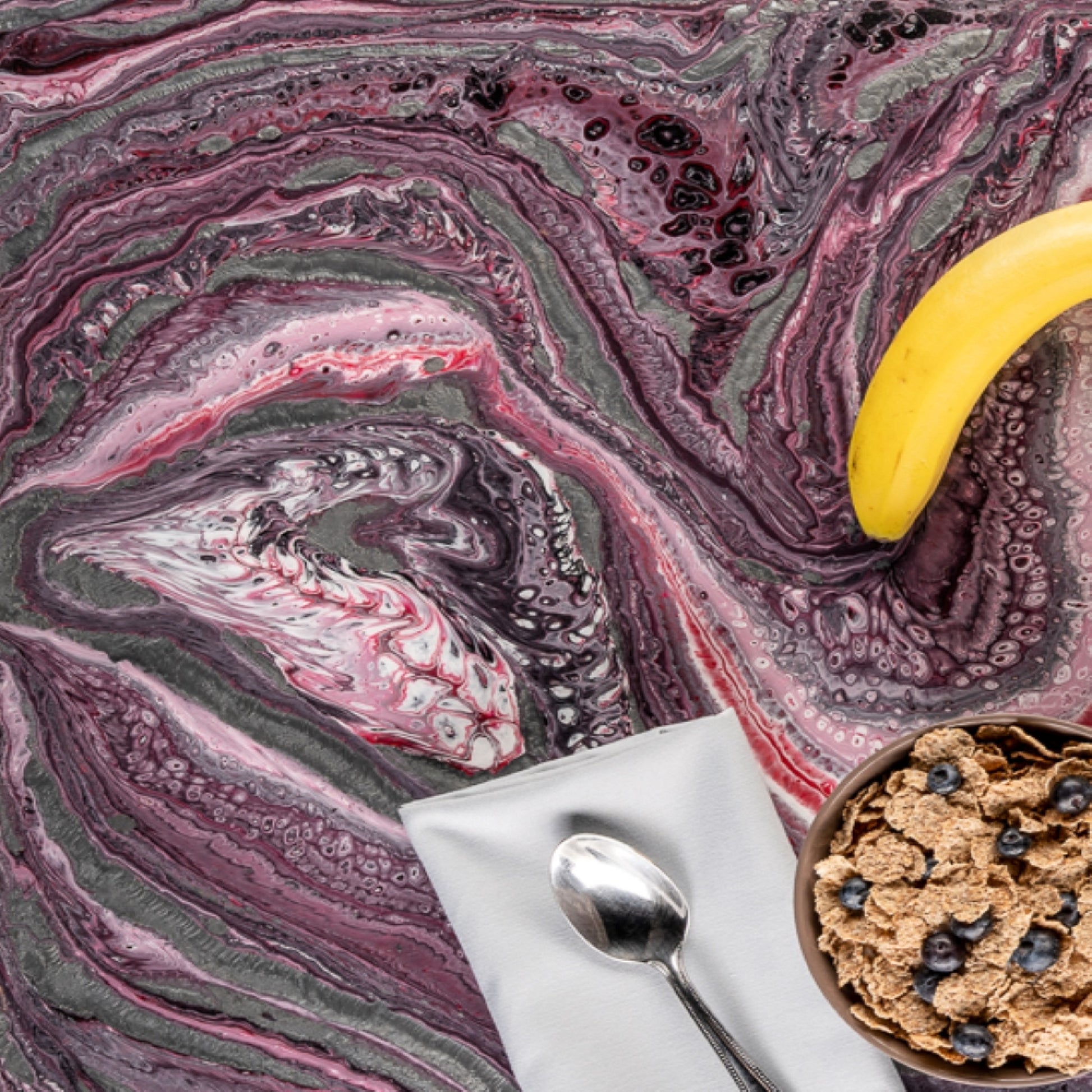 Silver Metallic Veins, White, Black, and Magenta Resin: One-of-a-Kind Surface